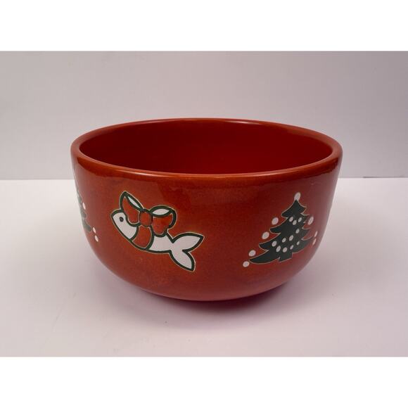 Vintage Waechtersbach Germany Red Christmas Cat Bowl Dish With Fish And Tree - Picture 2 of 6